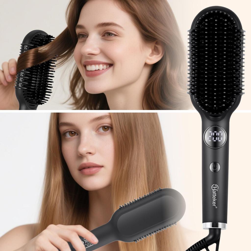 Hatteker Hair Straightener Brush Fast Heating Flat Iron and Hair Brush 2-in-1 Curl Smooth Professional Wider Comb