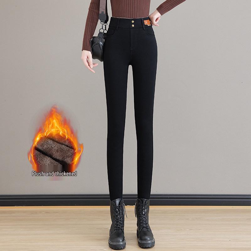 

2025 Winter High-Waisted Velvet Black Skinny Pants - Warm, Fashionable, and Versatile S