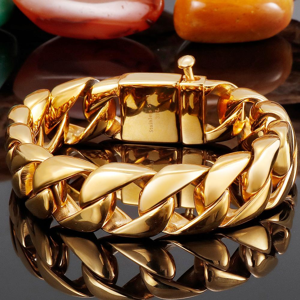 Luxus Nie Verblassende Goldfarbe Edelstahl Cuban Link Herrenarmband für Männer Hochglanzpolierte Hip Hop Kette Mode Herrenaccessoire