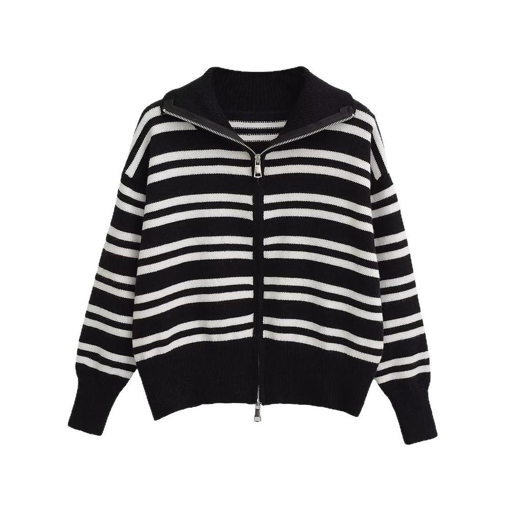 2025 Autumn Women's European & American Style Striped Lapel Long Sleeve Zipper Cardigan Jacket
