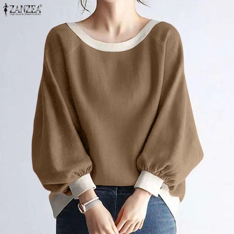 ZANZEA Dámská ležérní halenka s kulatým výstřihem a volným dlouhým rukávem