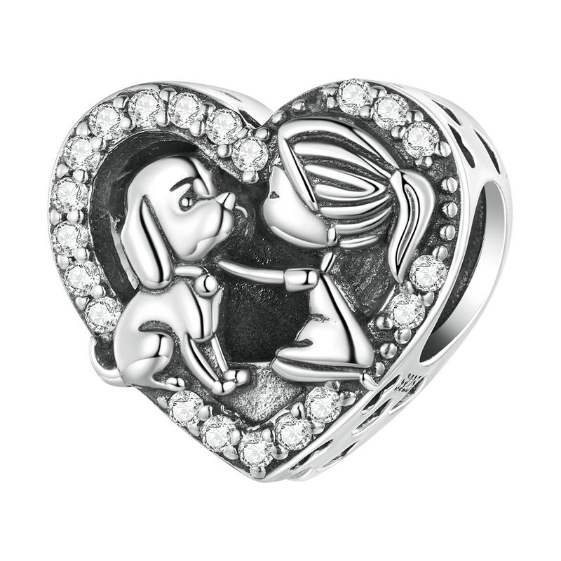 Bamoer Argent 925 Zircon Rose Pendentifs Patte d'Animal Breloques Forme de Cœur Perles Chien pour Bracelet et Collier Femme DIY SCC2434