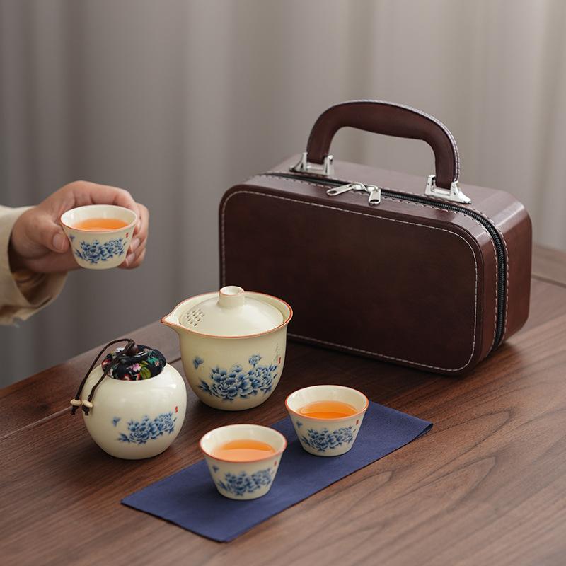 Qingyun Ru kiln peony set home light luxury high-end kung fu tea set office tea souvenir