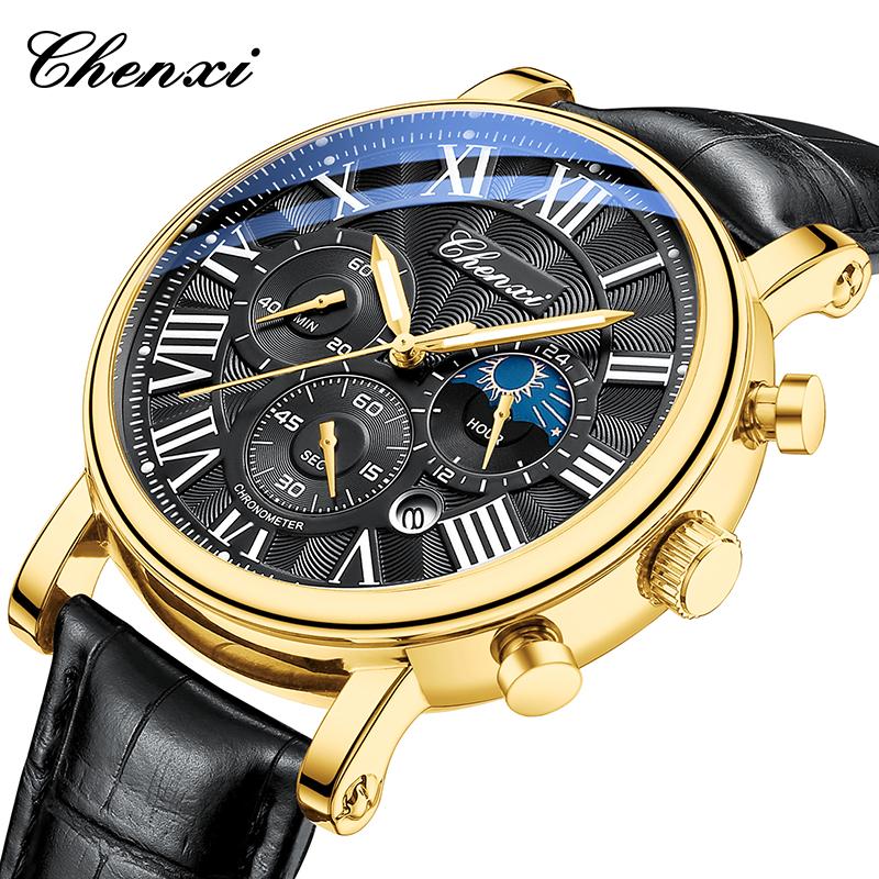 Business Gold Quartz Watches For Men Chronograph Calendar Man Watch Fashion Moon Phase Waterproof Men's Wristwatches