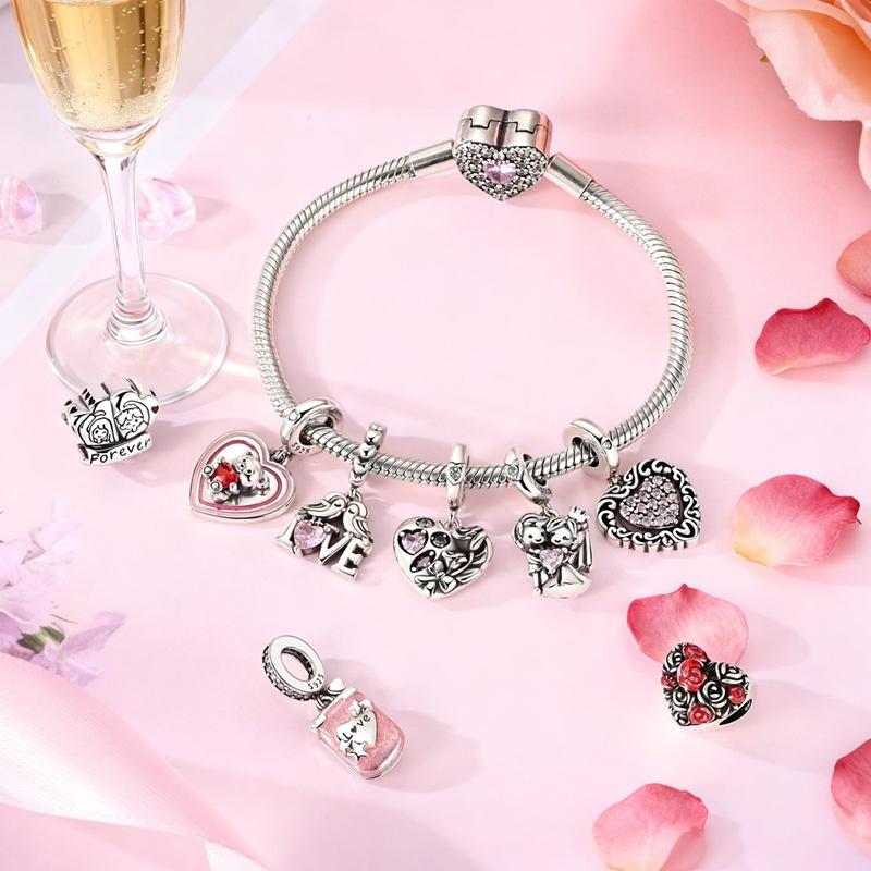 Original 925 Sterling Silver Charms Bead Rotatable Pink Heart Pendant For Women Fit Original Bracelet Necklace DIY Jewelry Gift