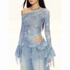 Frühling Sommer Damen Hellblaue Denim Asymmetrisches Schulterfreies Crop Top Glockenärmel Geraffte Bluse