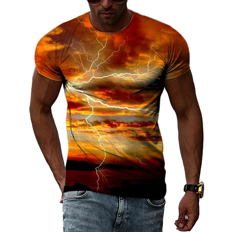 Sommer Naturlandskap Lyn Grafiske T-skjorter Menn 3D Mote Casual Personlighet Trykk T-skjorter Hip Hop Harajuku O-hals Topper