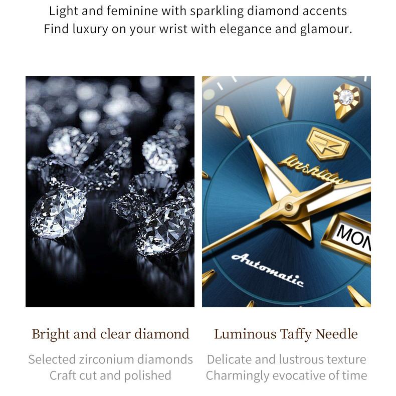 Nové dámské hodinky pro podnikání a volný čas JINSHIDUN Plně automatické mechanické hodinky Tungsten Steel Double Calendar Světelné vodotěsné špičkové hodinky