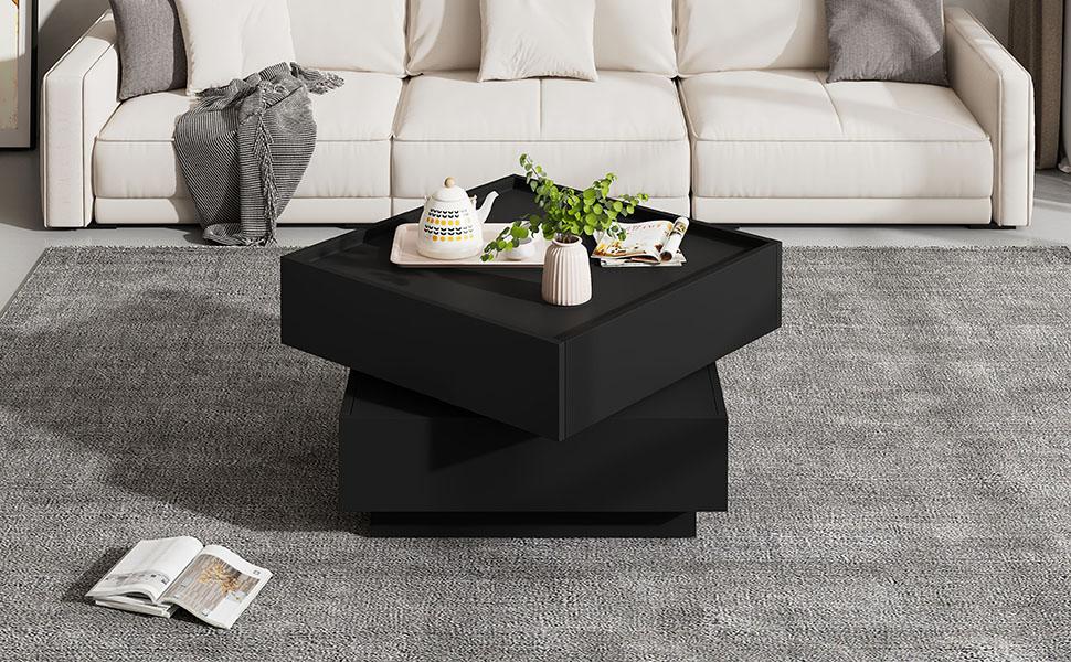 Functional Coffee Table for the Living Room, 360 degrees Rotatable, Rotating Tabletop with 2 Shelves and Storage Space, Side Table Frame Black