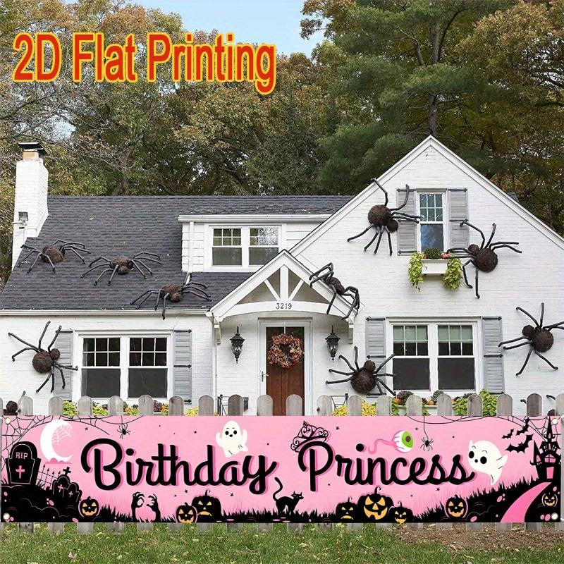 Halloween Birthday Princess Banner, Jack-O'-Lanterns Bats & Haunted House Design, Polyester Outdoor Indoor Garden Porch Fence Decoration
