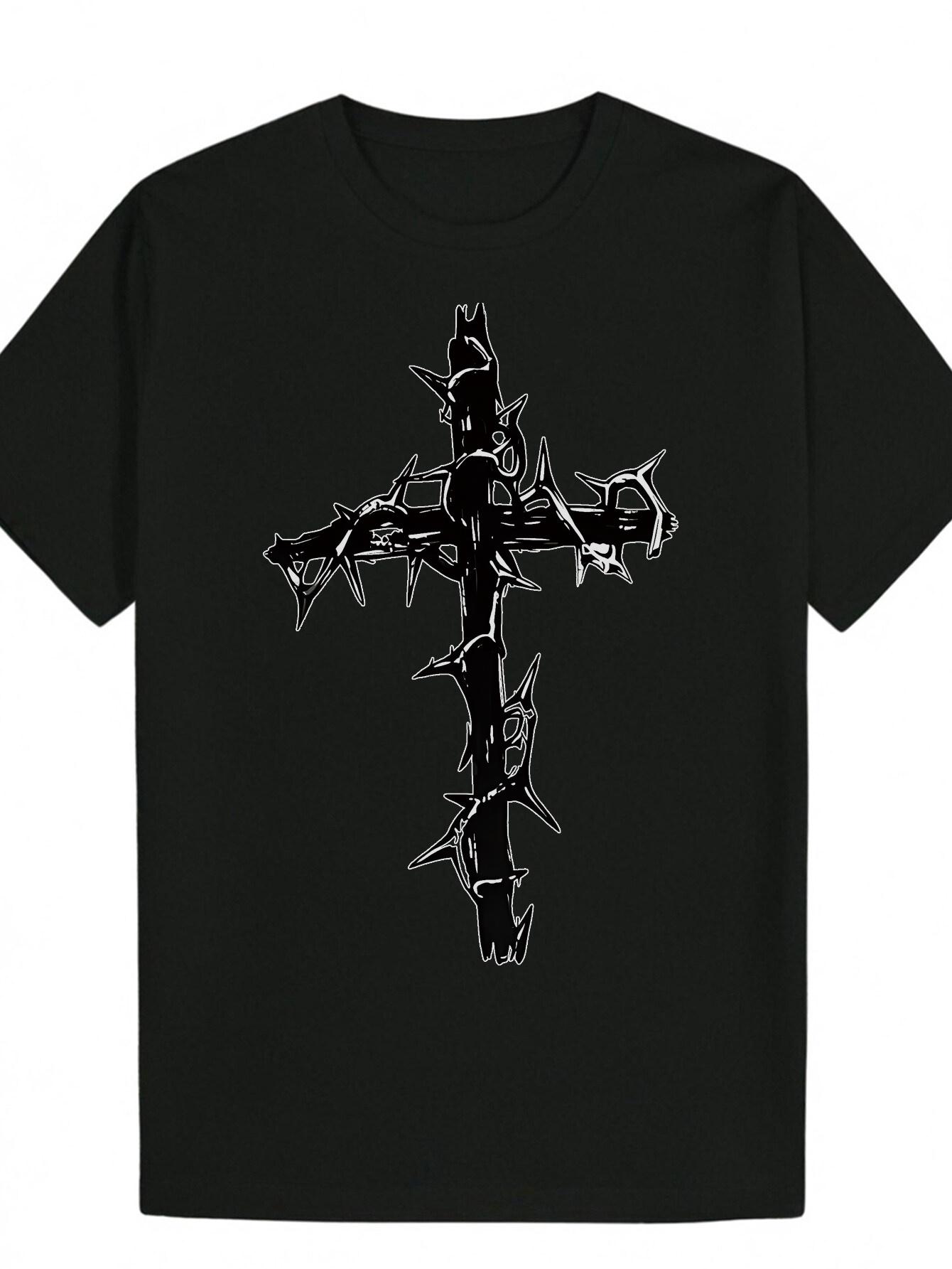 Crew Neck Polyester Graphic T-shirt - Gothic Cross Design with Sword Detail S