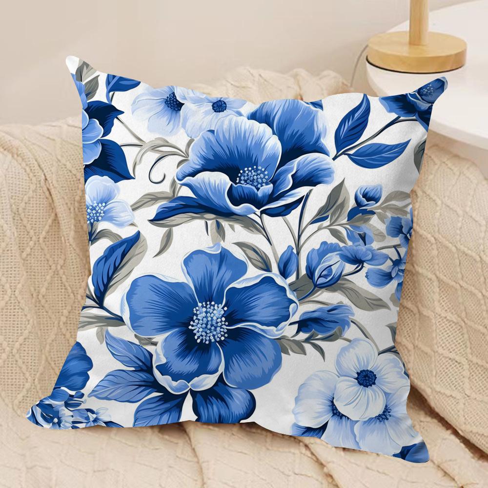 Ethnic Style Blue Floral Cushion Cover Soft Plush Fabric Double-Sided Printed Sofa Cushion Cover for All Seasons Home Decor Gift