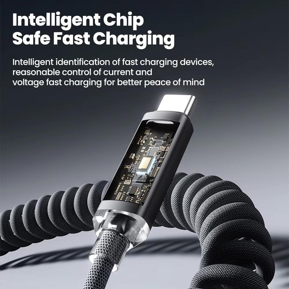 120W Car Type C to USB C Fast Charging For iPhone 17 16 USB A To Type C Spring Telescopic Cable For Samsung Xiaomi Huawei