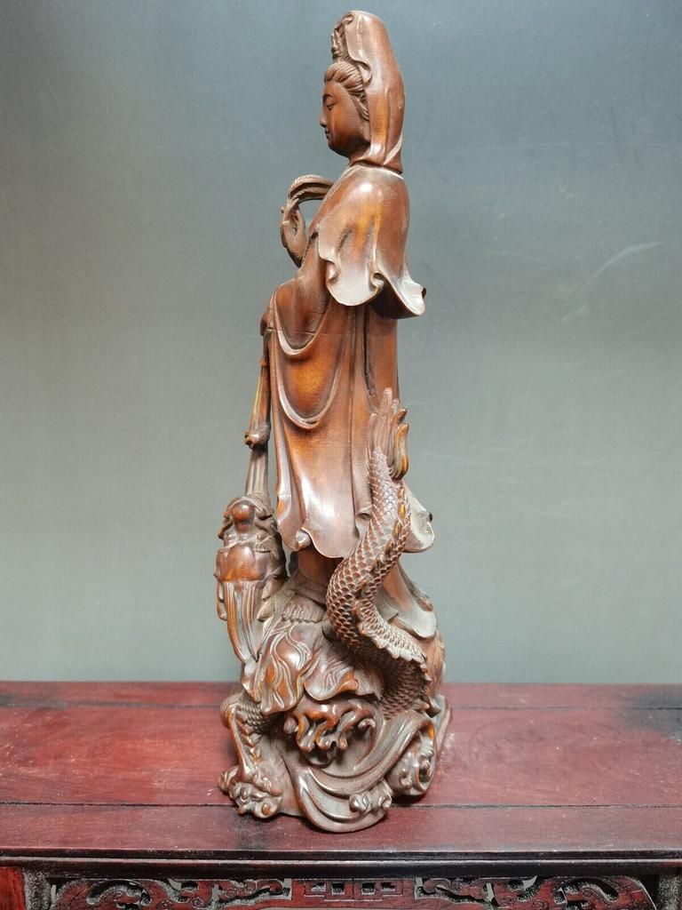 Chinese Antique Boxwood Carved Dragon Kwan Yin Statue Home Decor Sculpture Art