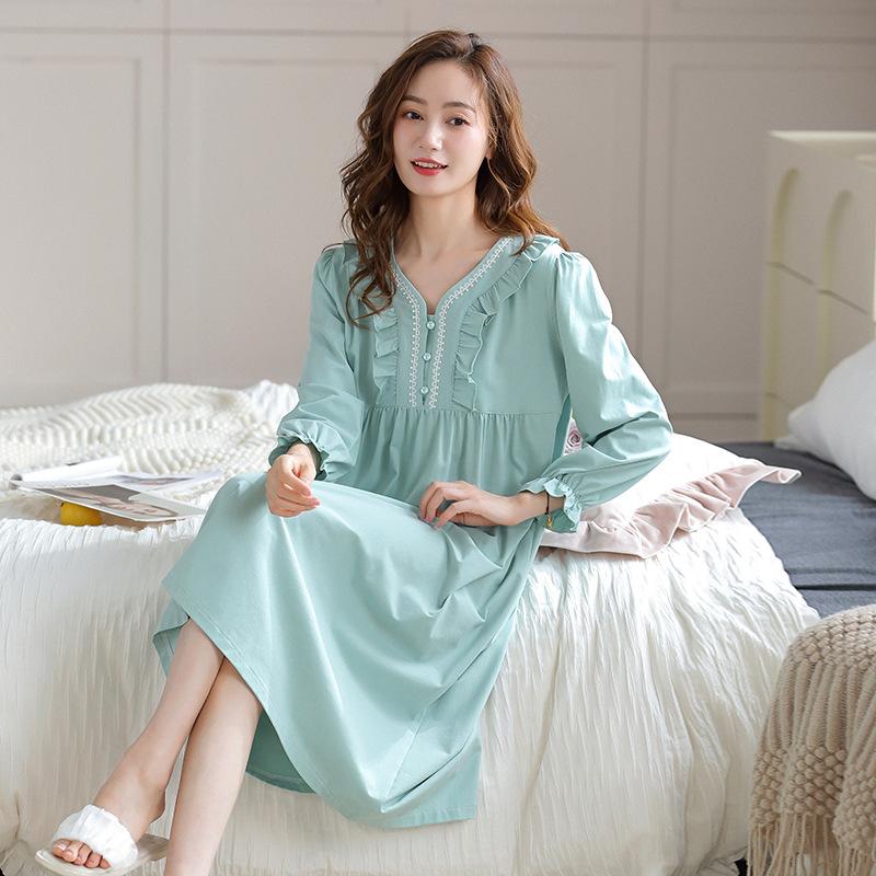 Nightgown Women'S Spring And Autumn Pure Cotton Long-Sleeved Court Style Long Knee Loungewear Autumn Cotton Princess Style Loungewear