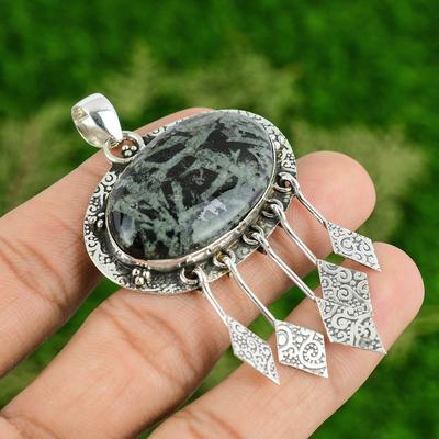 Oval Green Rice Jasper Gemstone Daughter Trendy Birthday Boho Pendant 925 Silver