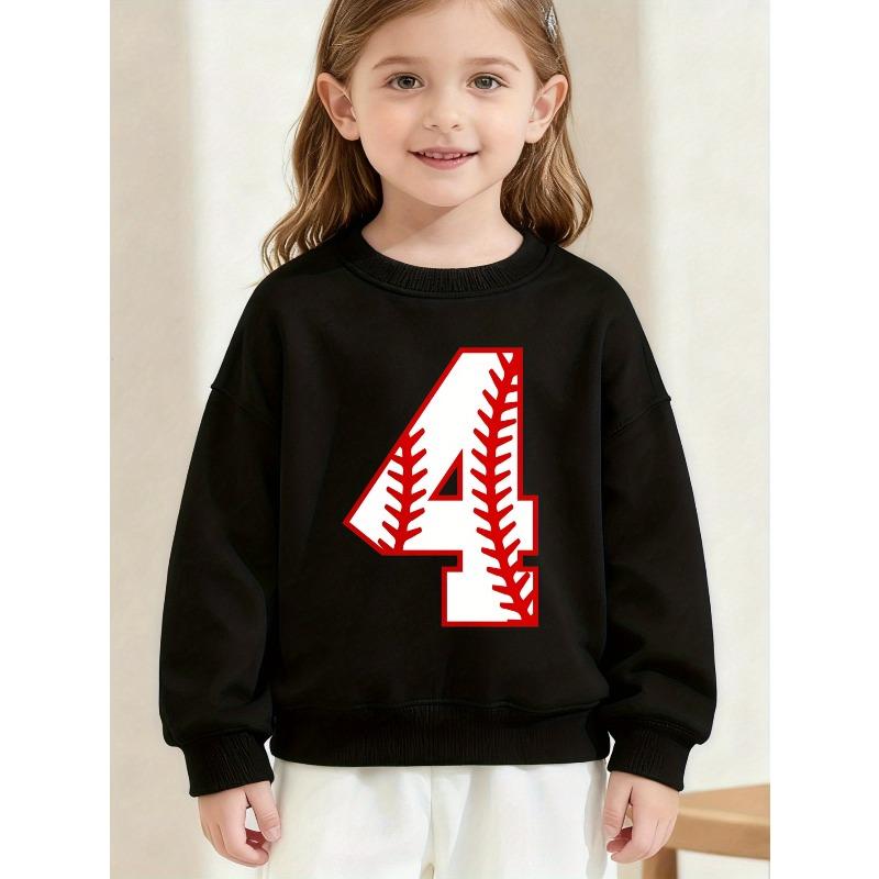 Kids Crewneck Sweatshirt, Baseball Style Number 4 Print, Sport Lovers Daily Casual Pullover