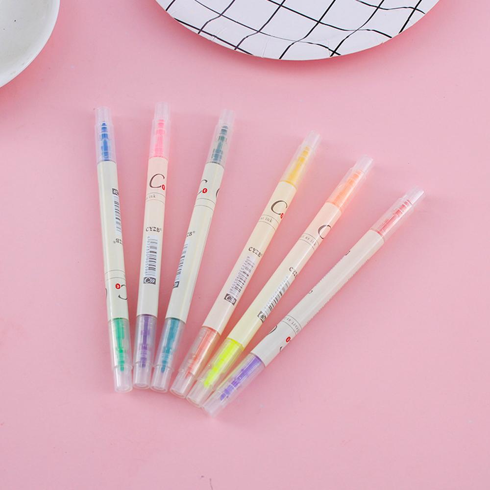 6Pcs/Set Double-headed Highlighter Kawaii Stationery Color Marker School Supplies Student Marker Cute Stationery