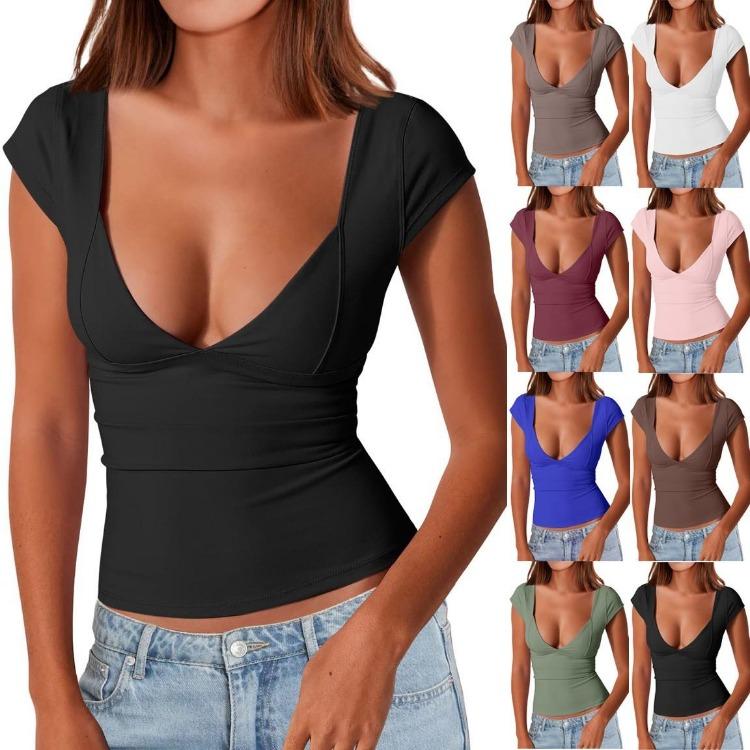 Top Camiseta Sexy Feminino Slim Decote V Profundo Costas Abertas Manga Curta