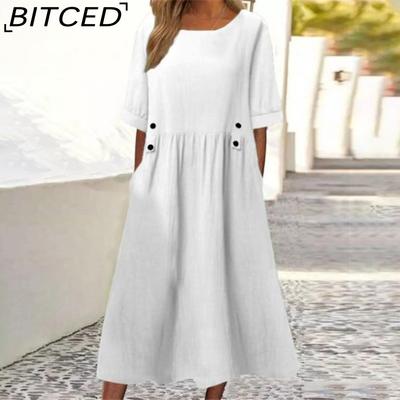 Women's Loose Fit Midi Dress Double Pockets Button Decoration Round Neck Short Sleeve Summer Boho Workwear Dress