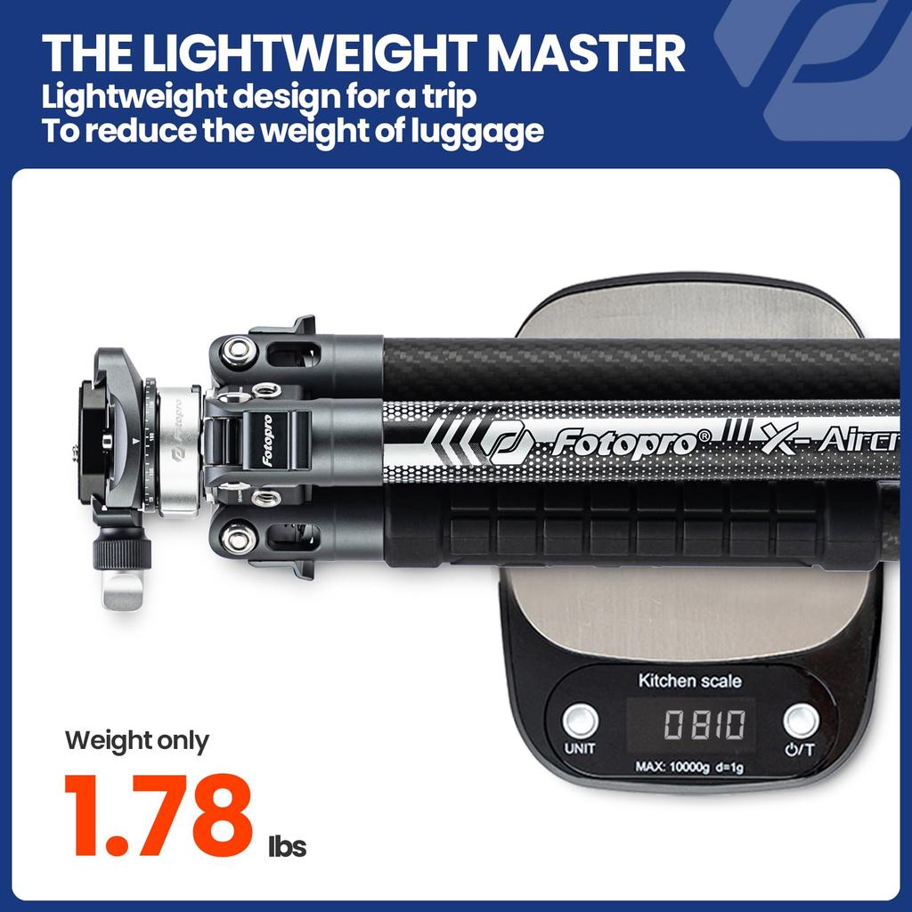 Fotopro Carbon Tripod Adjustable Camera Tripod 152CM Lightweight Travel Tripod Camera DSLR Up to 10kg Load Includes Bag Hidden Cell Phone Holder 3