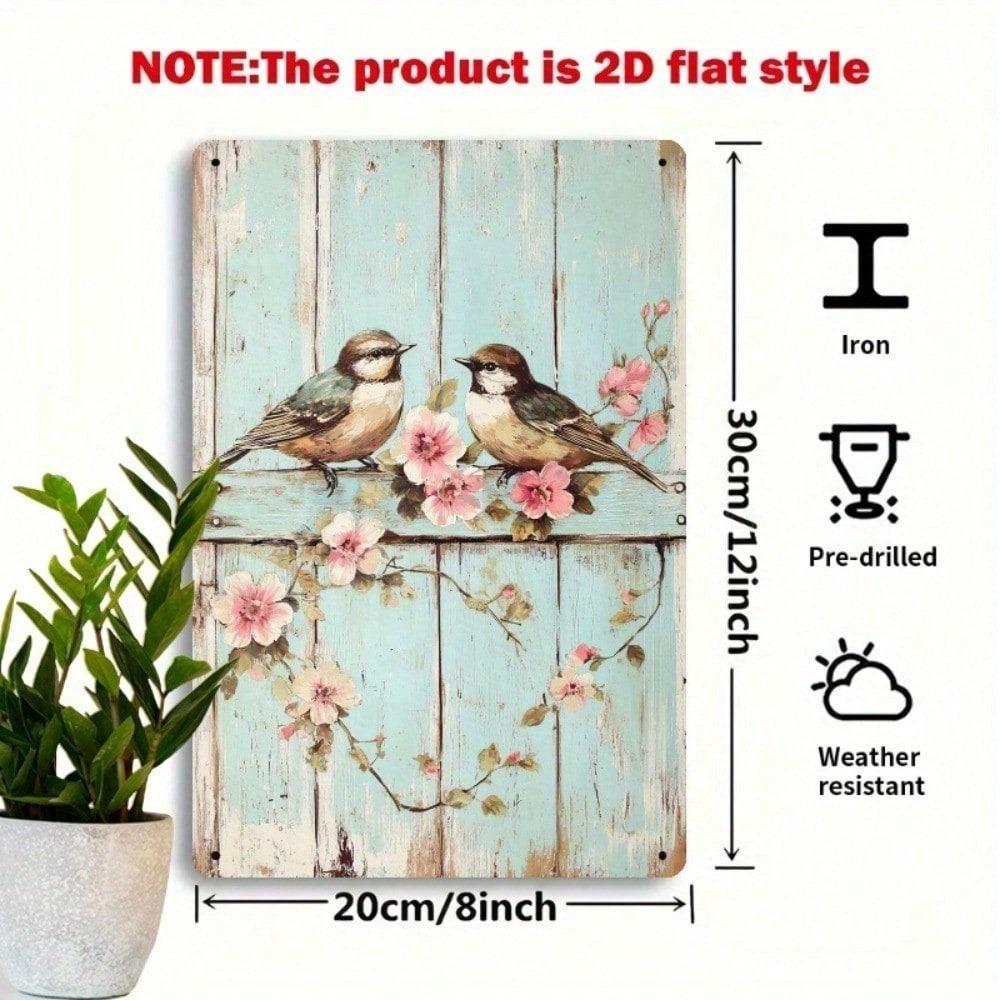1pc 8x12 Inch Vintage Bird Flower Metal Sign Rustproof Weatherproof UV Resistant 2D Flat Unframed Decorative Plaque For Country Home Garden Wall Art