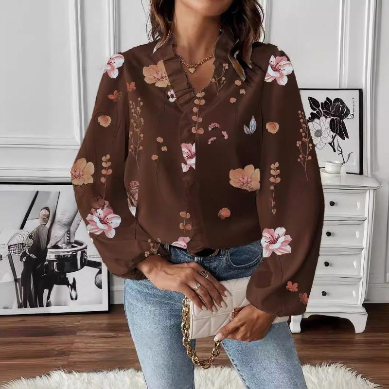 Móda Vintage Květinová Volná Košile s Dlouhým Rukávem Dámská Volánkový V-výstřih Potisk Ležérní Halenky pro Ženy Elegantní Slim Fit Jednoduché Košile pro Kancelářské Dámy 26502