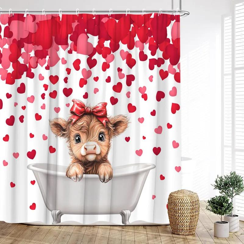 Red Rose Shower Curtains Romantic Blooming Floral Butterfly Valentine's Day Bathroom Decor Polyester Bath Curtain with Hooks