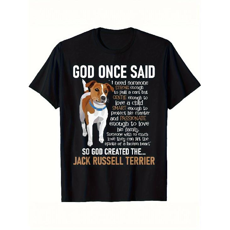 Humorous Jack Russell Terrier T-Shirt for Men - Loose-Fitting Black Tee Featuring Jack Russell Terrier & God Created JT in White Text - A Comical S чёрный