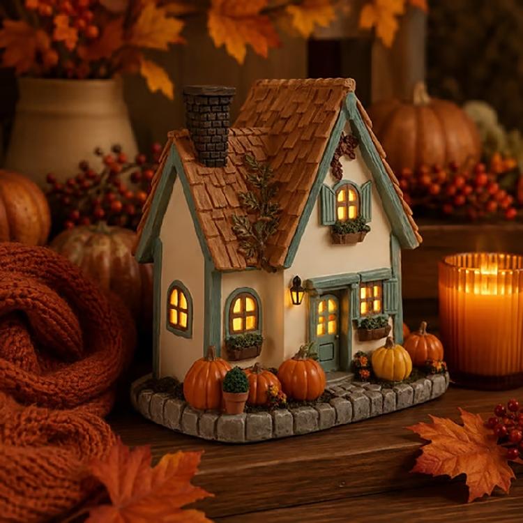 Indoor Resin Harvest House Statue with Warm Window Lighting for Halloween Shelf Styling and Seasonal Fall Scenes