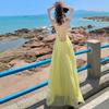 Yellow Mesh Backless High-end Dress, Bright Atmosphere Holiday Dress
