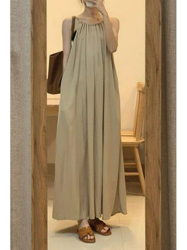 French Gentle Style Spaghetti Strap Tie-Up A-Line Long Dress with Pockets - Summer 2024 Collection