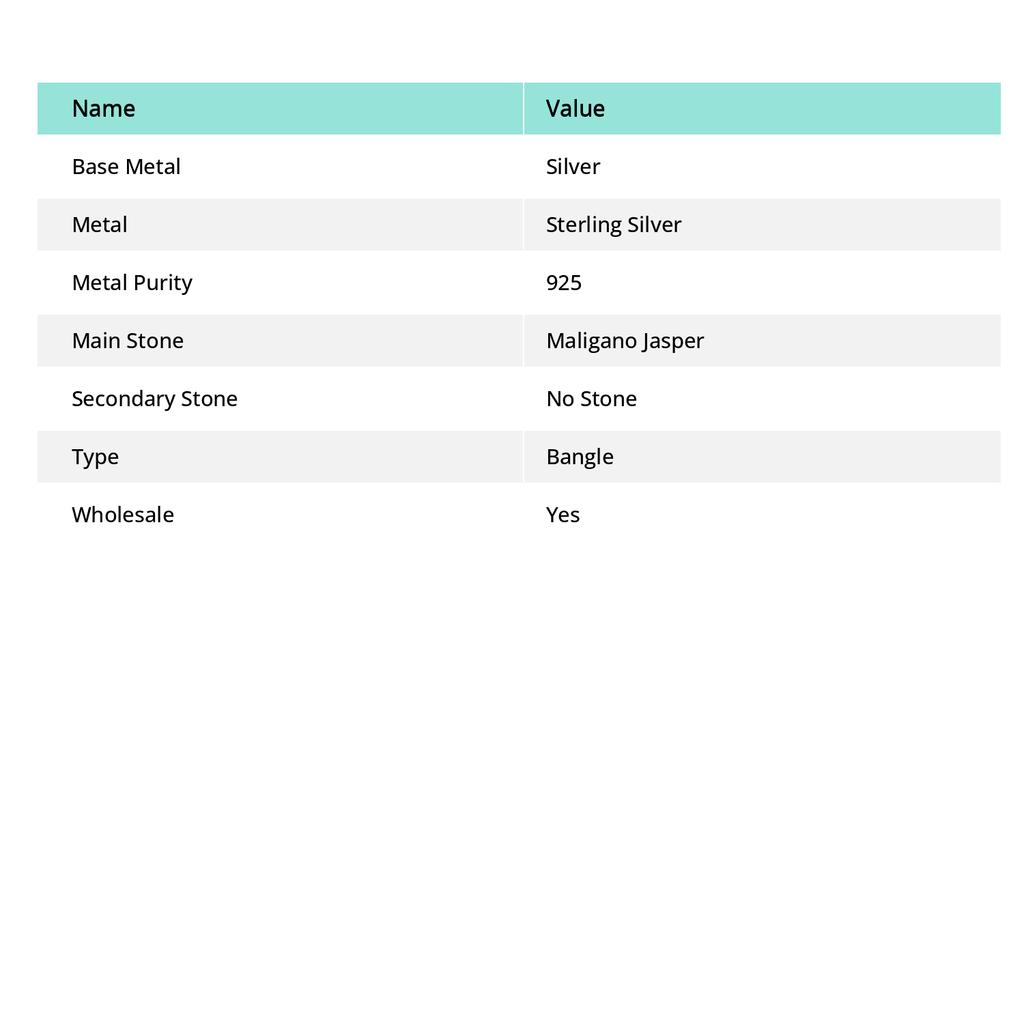 Maligano Jasper Gemstone 925 Sterling Silver Cuff Bangle Adjustable