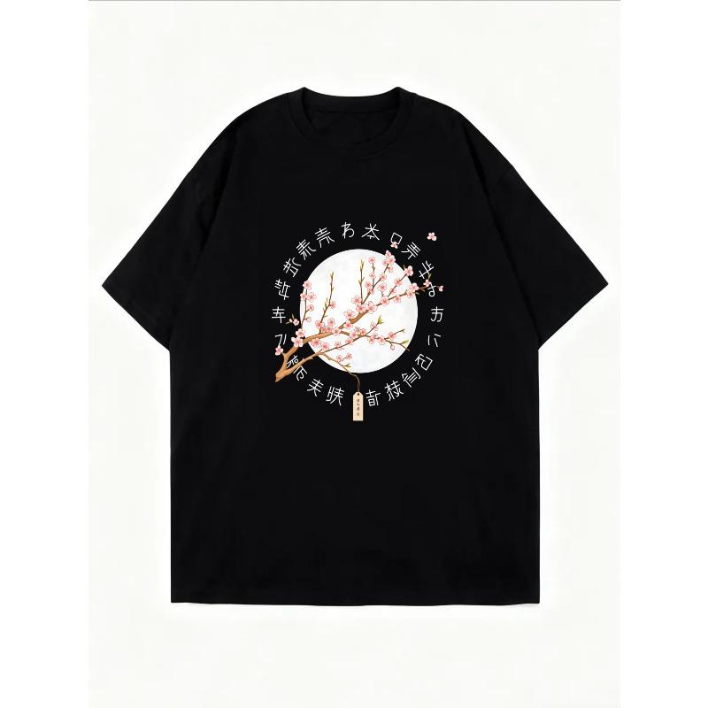 White T Shirt With Cherry Blossom Branch And Tag Print For Casual Wear