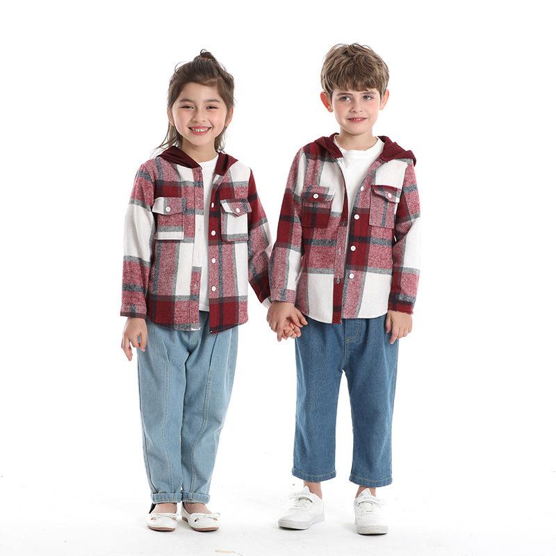 Children's Autumn Winter Plaid Fleece Hooded Long Sleeve Jacket, Casual Fashion Unisex Versatile Top for Older Kids