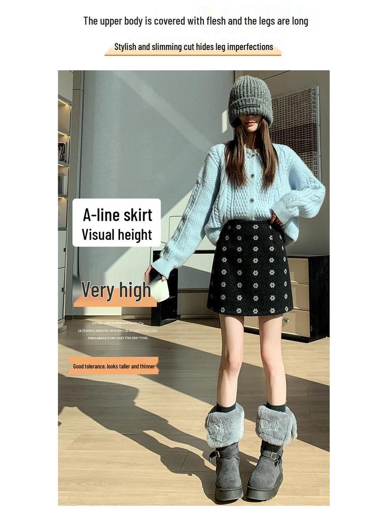 High-Waist Woolen A-Line Skirt: Cozy Autumn-Winter Style with Sweet, Slimming Fit