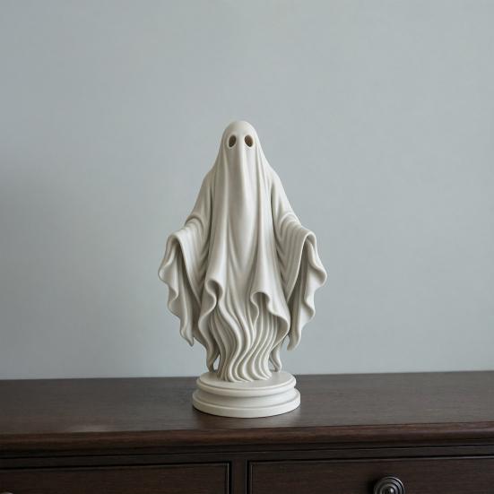 Yangyizhi Gothic Ghost Statue, Resin White Figurine, Spooky Halloween Decoration with Flowing Robe And Base for Mantel, Shelf, Desk, Party Decor