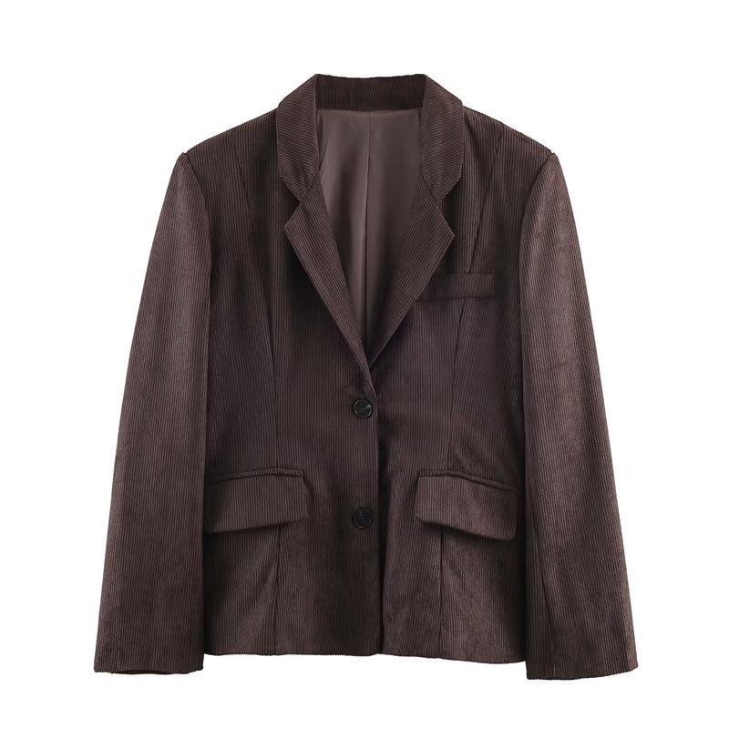 European & American Style Women's Corduroy Blazer and Wide-Leg Pants Set