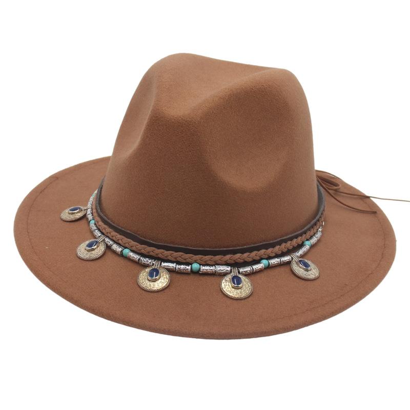 Flowing Beads Imitation Gemstone Tibetan Style Top Hat Jazz Dance Men'S And Women'S Big Eaves Hat
