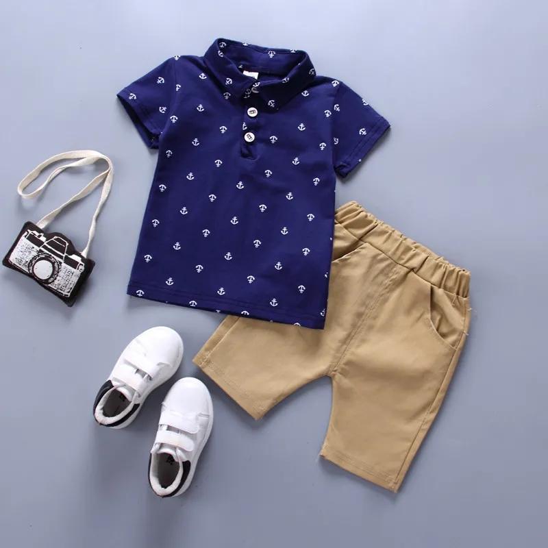 Baby Boy Anchor Pattern Button T-Shirt Clothes Cotton Comfortable Summer Breathable Short Sleeve + Shorts Casual Suit