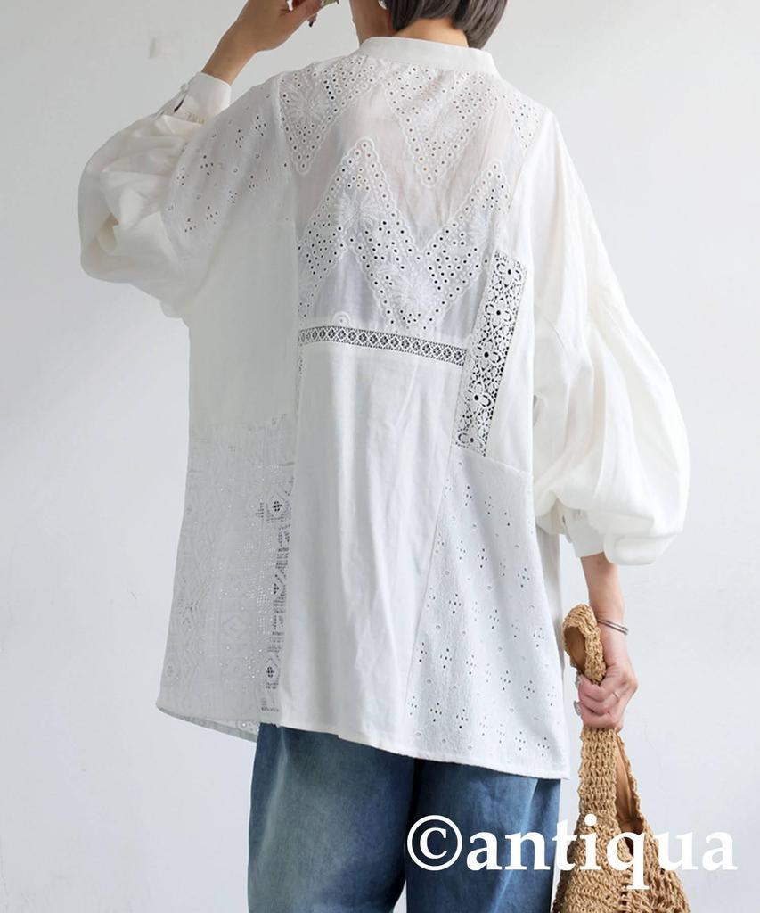 Antiqua Lace Docking Long Size Women's Shirt, Sleeve, PY-00814, F, 49, Off-White