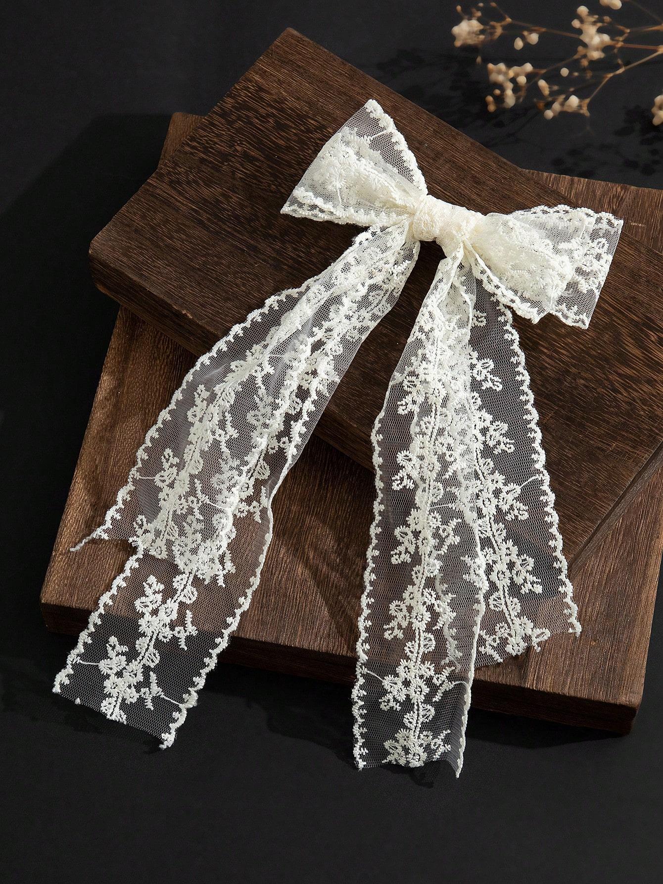 

1pc Mori Style Lace Bow Hair Clip, White Embroidered Long Ribbon Hair Accessory, Elegant Duckbill Clip for Women Size fits all білий
