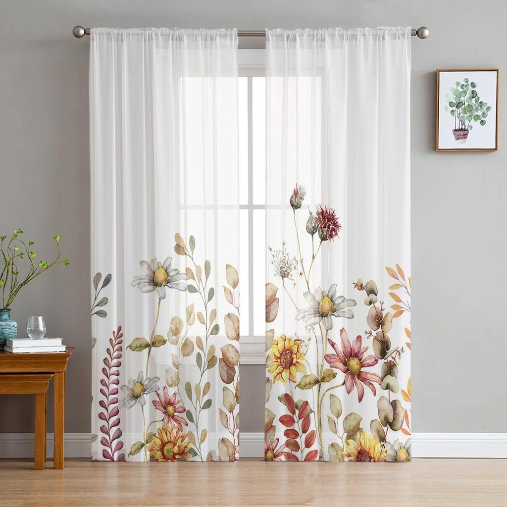 Eucalyptus Leaves Sunflower Flower Sheer Curtains Home Window Decorations Voile Tulle Curtains For Living Room Bedroom Kitchen