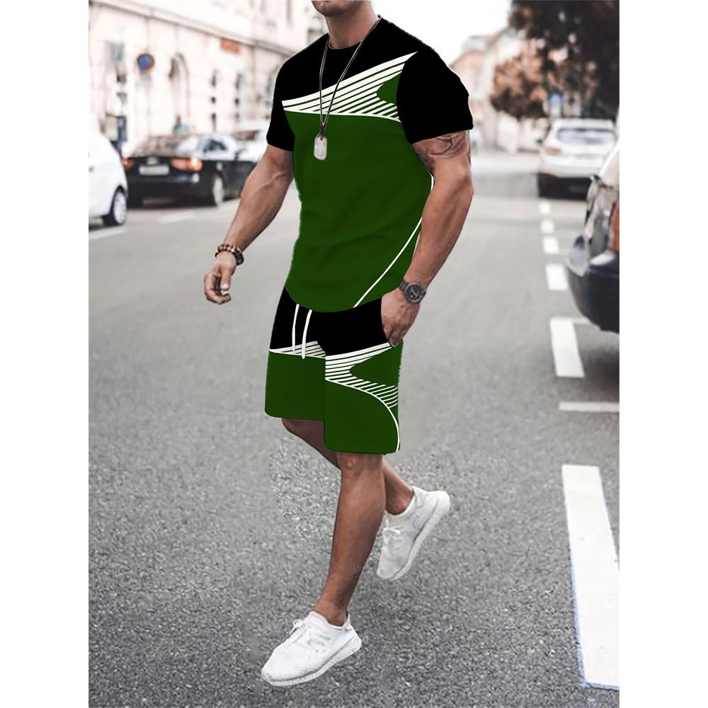 New Men's Short-Sleeve Athletic Shorts Set Crew Neck T-Shirt With Drawstring Shorts Stylish Streetwear Two-Piece Set