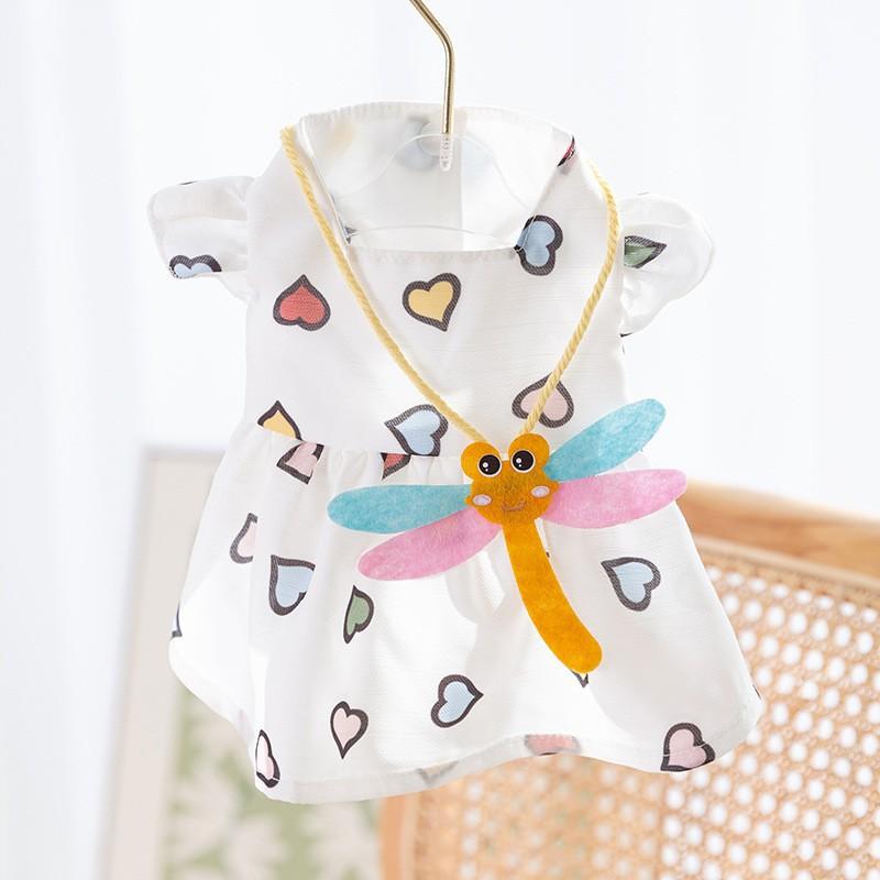 Rochie de vară cu flori tridimensionale, floarea-soarelui, geantă tip poștaș, rochie de soare, rochie cu două picioare pentru pisici, rochie de vară pentru animale de companie