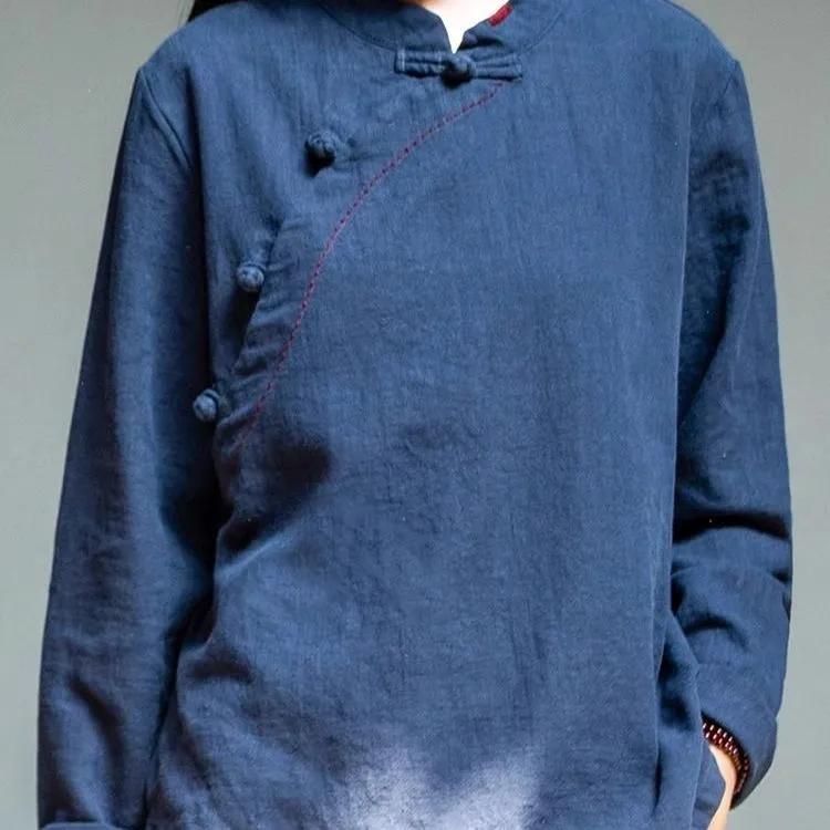 Camicia a Maniche Lunghe in Cotone e Lino Cinese Retrò Retrò Primavera e Autunno Ampia Collo Alto Abbottonata