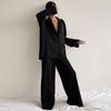 2 Pcs/Set Women Shirt Pants Set Homewear Suit Loose Lapel Long Sleeve Loose Solid Color Single-breasted Wide Leg Straight Soft
