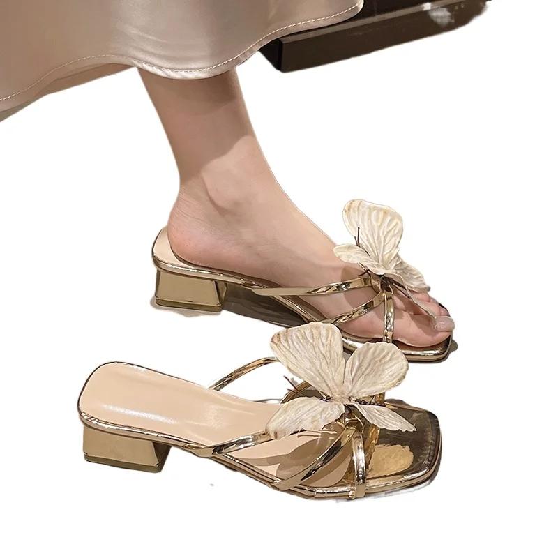 Fashion 2025 Fashion Ladies Shoes Peep Toe Women's Slippers Summer Outdoor Dress Plus Size Butterfly Decoration Best Seller High Heels