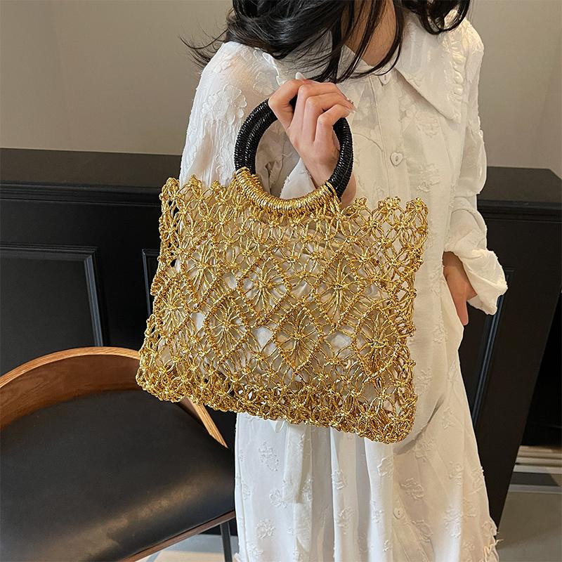 French Light Luxury Woven Bag Fashion Hollow Handbag Niche Design Round Hand-held Square Bags Versatile Gold Silver Holiday Bags