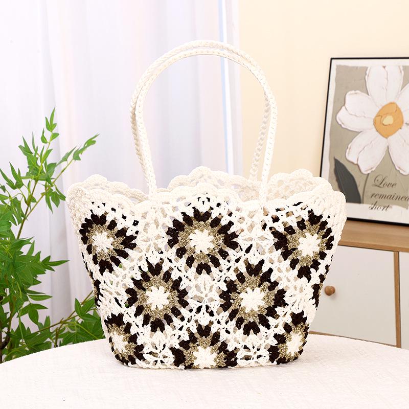 

Handmade One-Shoulder Crochet Beach Tote - Hollowed-Out Vacation Style Bag 50cm x 30cm x 17cm платиновий/коричневий